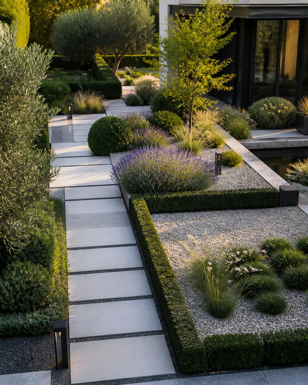 Stone pathway threading through layered planting beds beside a modern home