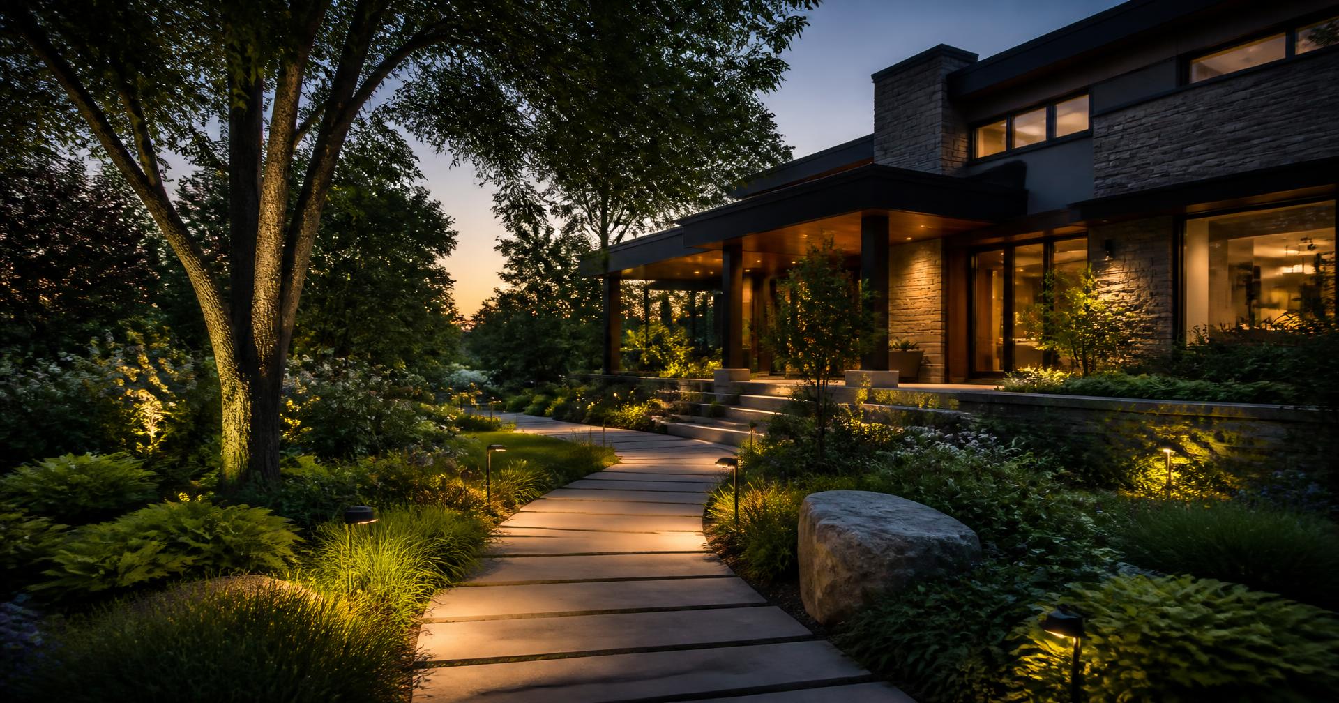 Landscaped modern home at dusk with a softly lit stone pathway and mature trees