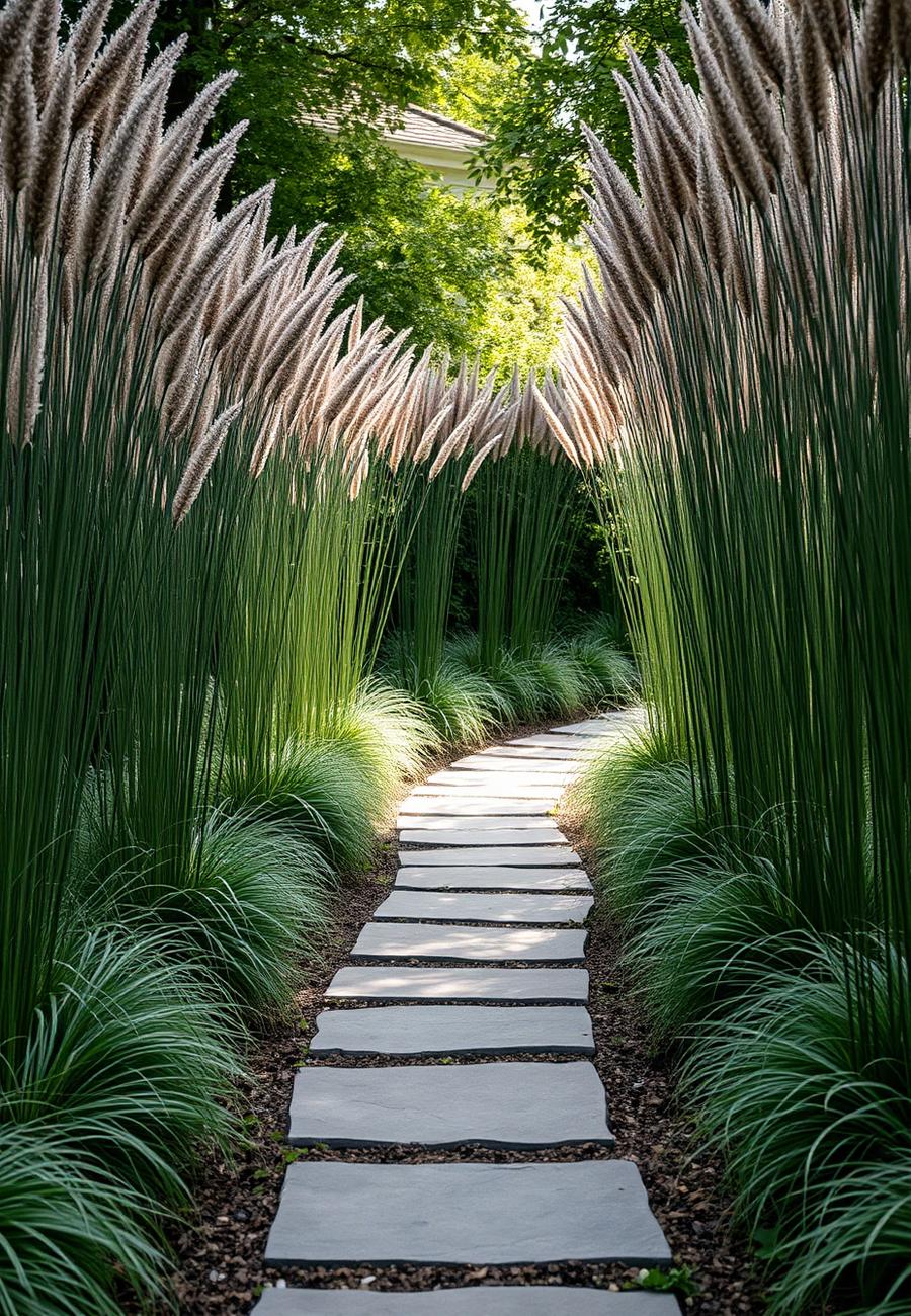 Stone stepping-stone path between tall ornamental grasses