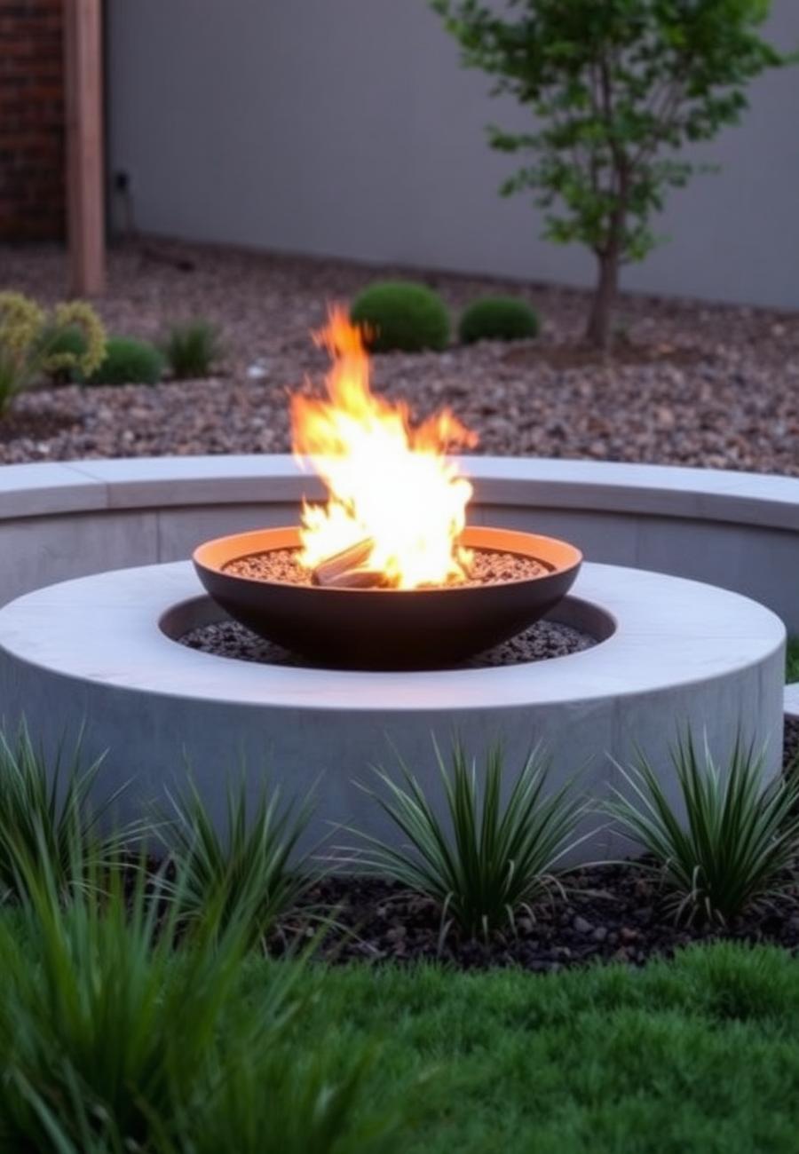 Modern garden fire feature with concrete surround at dusk