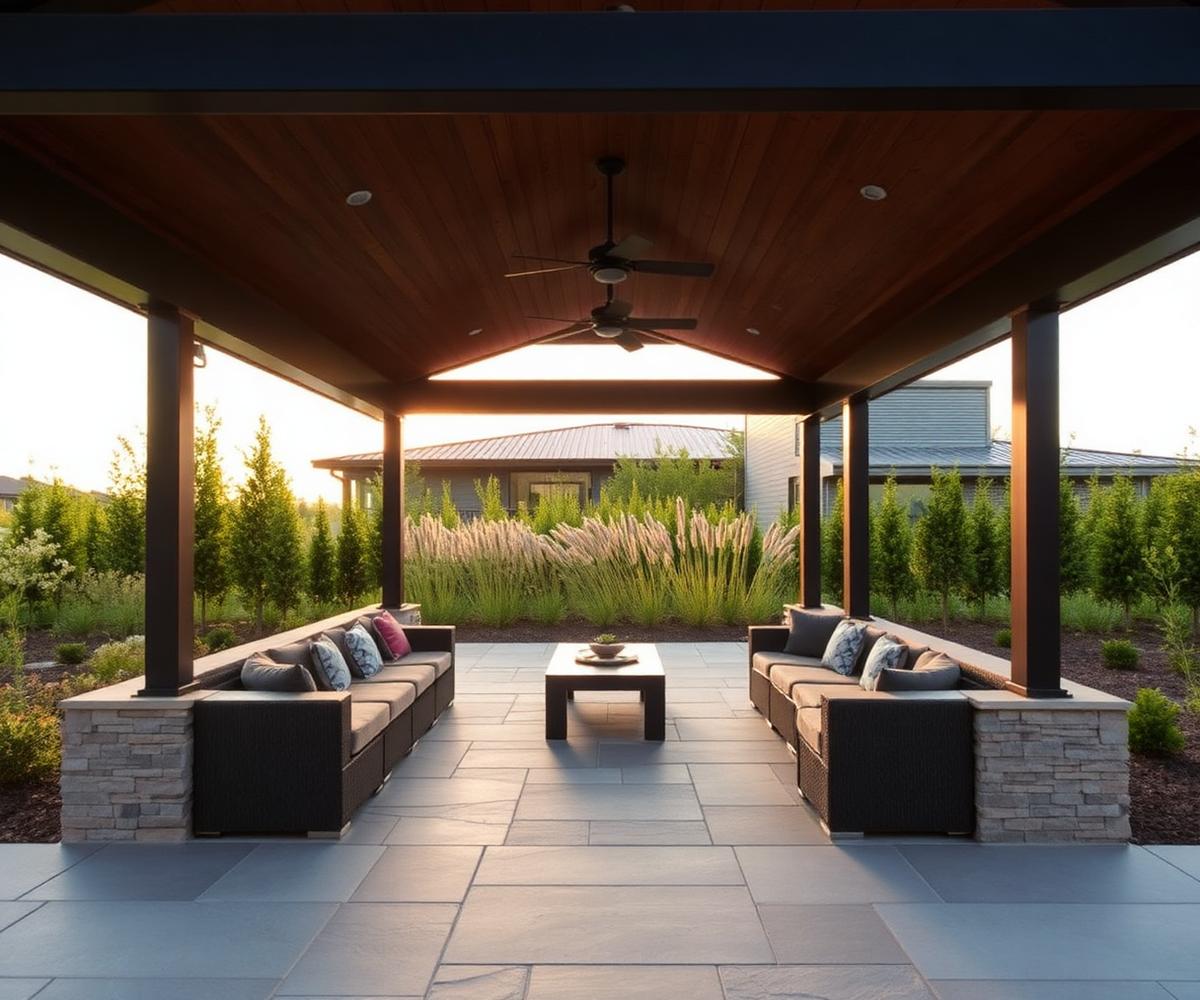 Covered outdoor living room with built-in seating, wood ceiling and stone flooring