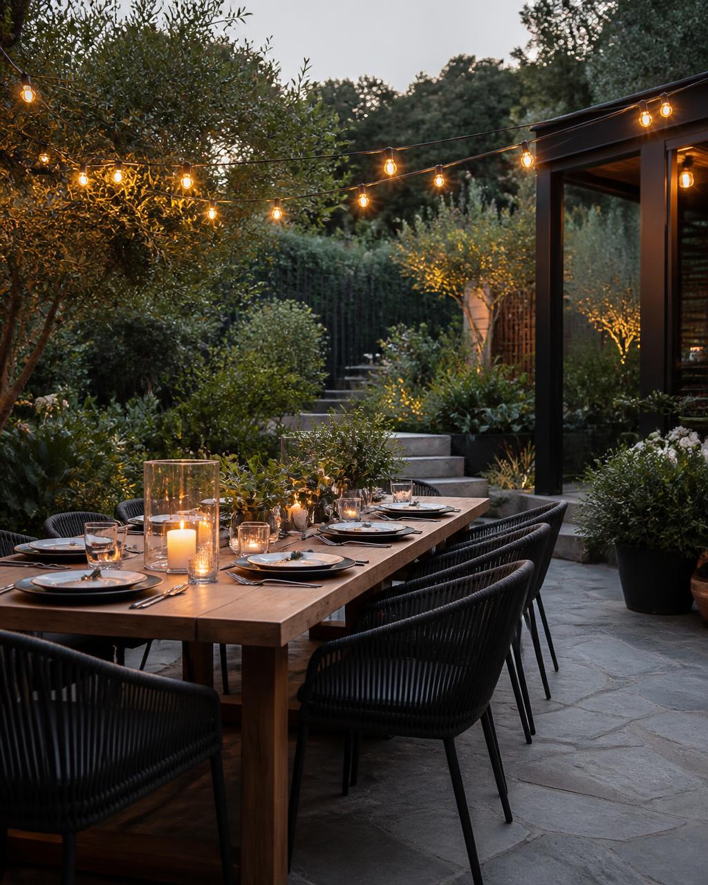 Outdoor dining terrace set for dinner under warm string lights