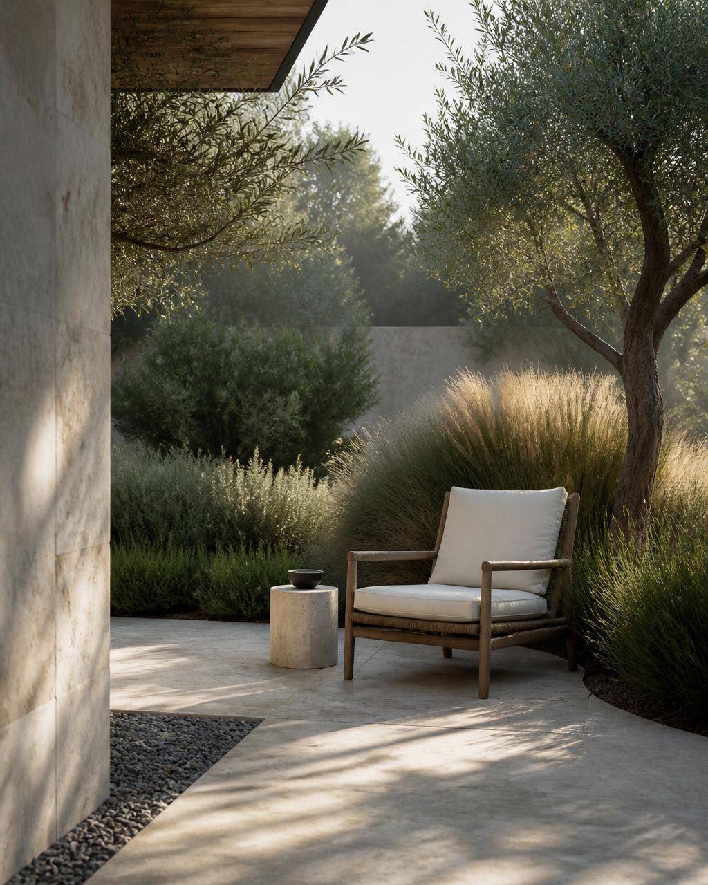 Quiet limestone patio with a single lounge chair beside olive trees